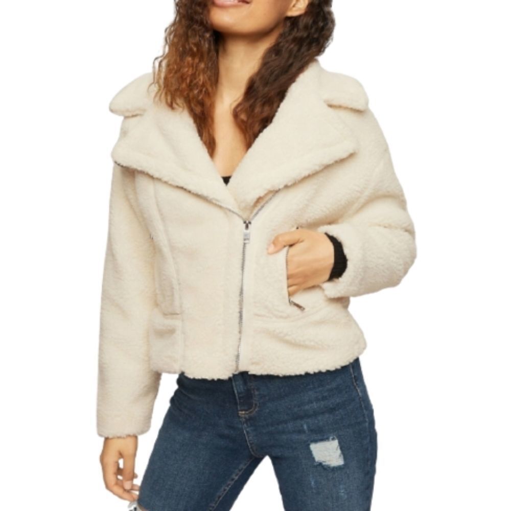 Miss Selfridge Cream Teddy Oversize Moto Jacket Womens Size 10P
